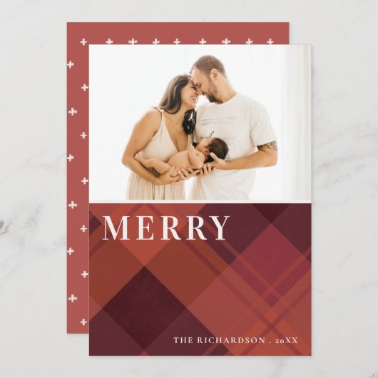 Rode Maroon Marsala Geruite 1 Foto Prettig Kerstfe Feestdagenkaart (Voorkant / Achterkant)