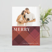 Rode Maroon Marsala Geruite 1 Foto Prettig Kerstfe Feestdagenkaart (Staand voorkant)