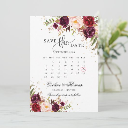 Rode marsala bloedig bruine bruine bruin save the date (Staand voorkant)