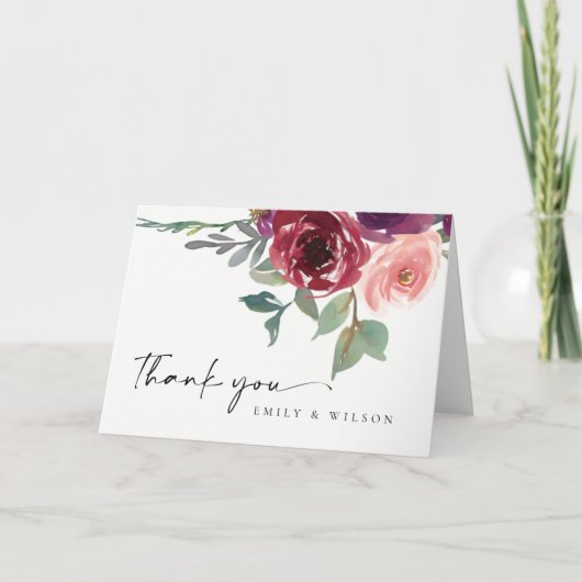 RODE MARSALA BLUSH ROZE FLORALE ACOUCHEUR TROUW BEDANKKAART (Voorkant)