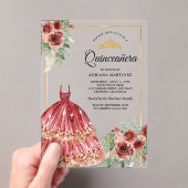 Rode Marsala Floral Jurk Goud Quinceanera Acryl Uitnodigingen (Insitu (Draagbaar))