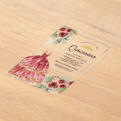 Rode Marsala Floral Jurk Goud Quinceanera Acryl Uitnodigingen (Laagn)