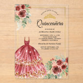 Rode Marsala Floral Jurk Goud Quinceanera Acryl Uitnodigingen (Voorkant)