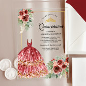 Rode Marsala Floral Jurk Goud Quinceanera Acryl Uitnodigingen