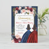 Rode Marsala Navy Blue Floral Twins Quinceañera Kaart (Staand voorkant)