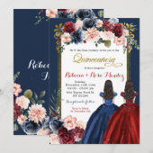 Rode Marsala Navy Blue Floral Twins Quinceañera Kaart (Voorkant / Achterkant)