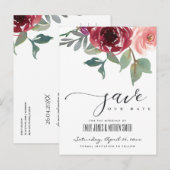 RODE MARSALA ROOS WATERVERF BLOEMEN SAVE THE DATE AANKONDIGINGSKAART (Voorkant / Achterkant)