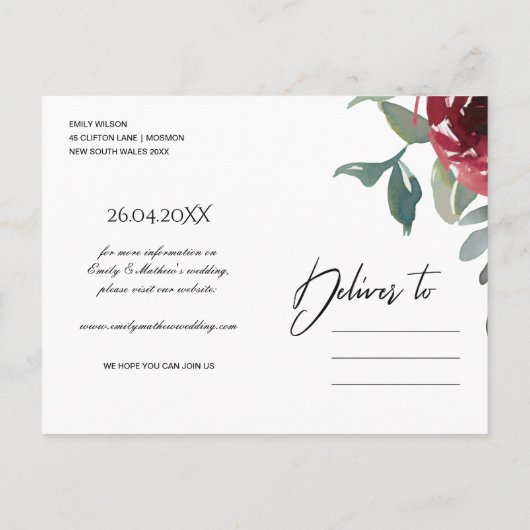 RODE MARSALA ROOS WATERVERF BLOEMEN SAVE THE DATE AANKONDIGINGSKAART (Achterkant)