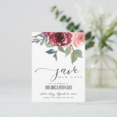 RODE MARSALA ROOS WATERVERF BLOEMEN SAVE THE DATE AANKONDIGINGSKAART (Staand voorkant)
