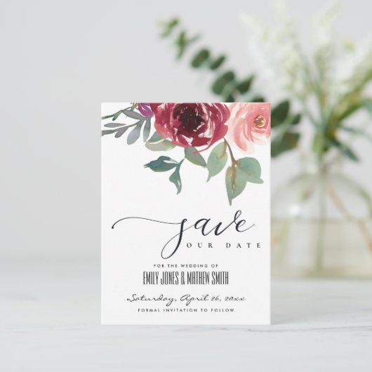 RODE MARSALA ROOS WATERVERF BLOEMEN SAVE THE DATE AANKONDIGINGSKAART (Staand voorkant)