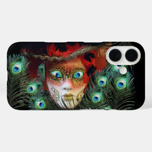 RODE MASK MET PEACOCK FEATHERS MASQUERADE PARTIJ iPhone 16 HOESJE
