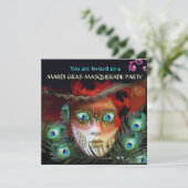 RODE MASK MET PEACOCK FEATHERS MASQUERADE PARTIJ KAART (Staand voorkant)