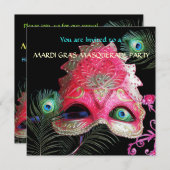 RODE MASK MET PEACOCK FEATHERS MASQUERADE PARTIJ KAART (Voorkant / Achterkant)