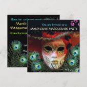 RODE MASK MET PEACOCK FEATHERS MASQUERADE PARTIJ KAART (Voorkant / Achterkant)