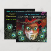 RODE MASKER MET PAUWEENVEREN MASKARADE FEEST KAART (Voorkant / Achterkant)