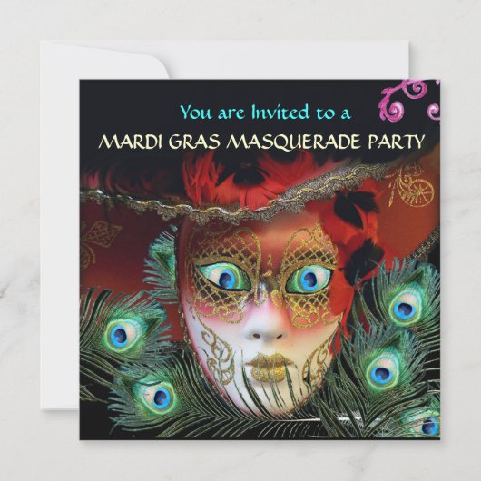RODE MASKER MET PAUWEENVEREN MASKARADE FEEST KAART (Voorkant)