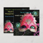 RODE MASKER MET PAUWEENVEREN MASKERADENAVOND KAART (Voorkant / Achterkant)