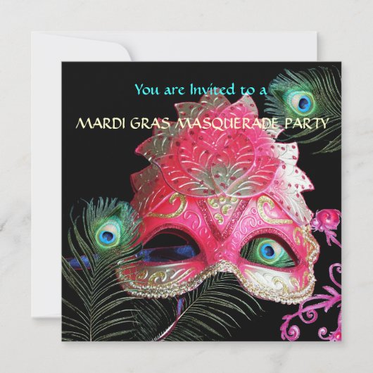 RODE MASKER MET PAUWEENVEREN MASKERADENAVOND KAART (Voorkant)