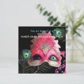 RODE MASKER MET PAUWENVEREN MASKARADE FEest Kaart (Staand voorkant)