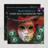 RODE MASKER MET PAUWENVEREN MASKARADE FEest Kaart (Voorkant / Achterkant)