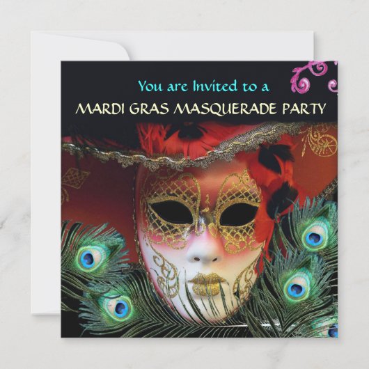 RODE MASKER MET PAUWENVEREN MASKARADE FEest Kaart (Voorkant)