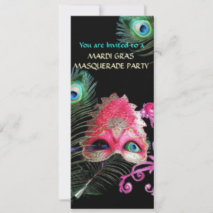 RODE MASKER MET PAUWENVEREN MASKARADE FEest Kaart