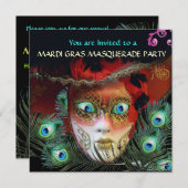 RODE MASKER MET PAUWENVEREN MASKERADE FEest Kaart (Voorkant / Achterkant)