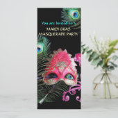 RODE MASKER MET PAUWENVEREN MASKERADE FEest Kaart (Staand voorkant)