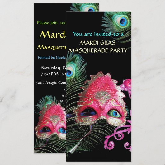 RODE MASKER MET PAUWENVEREN MASKERADE FEest Kaart (Voorkant / Achterkant)