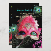 RODE MASKER MET PAUWENVEREN MASKERADE FEest Kaart (Voorkant / Achterkant)