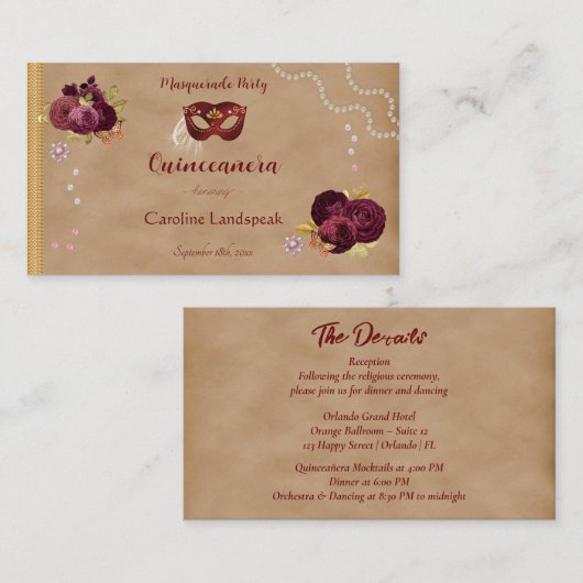 Rode Masquerade Bourgondische Engelse Rozen Quince Informatiekaartje (Voorkant / Achterkant)