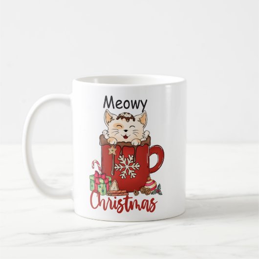Rode Meowy Kerstkat Vakantie Koffie Mok (Links)