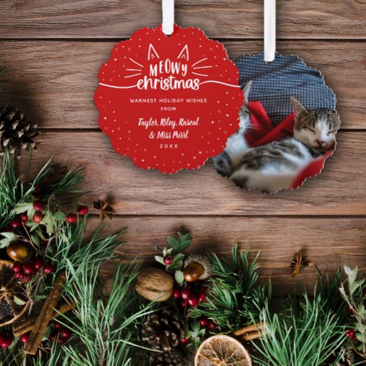 Rode Meowy Kerstmis Kat Foto Kerstmis Ornament Kaart