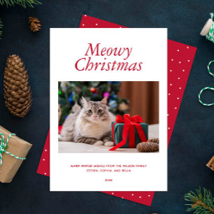 Rode "Meowy Kerstmis" Persoonlijke Foto Feestdagenkaart