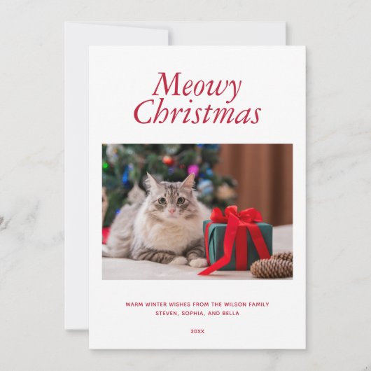Rode "Meowy Kerstmis" Persoonlijke foto Feestdagenkaart (Voorkant)