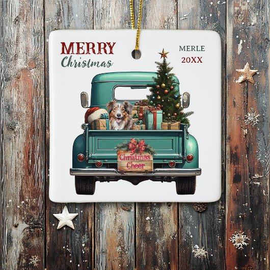 Rode Merle Aussie Hond Retro Truck Kerstmis Keramisch Ornament