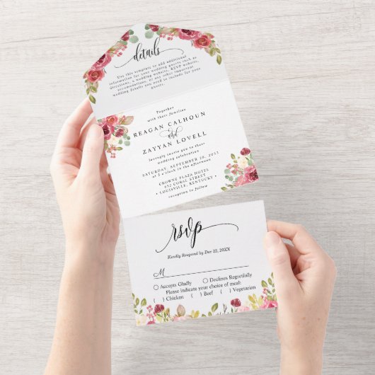 Rode Merlot Bloemen Waterverf bruiloft All In One Uitnodiging (Afscheurbaar)