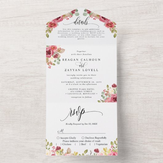 Rode Merlot Bloemen Waterverf bruiloft All In One Uitnodiging (Binnen)