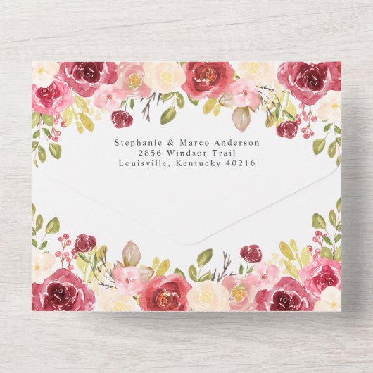 Rode Merlot Bloemen Waterverf bruiloft All In One Uitnodiging (Achterkant)