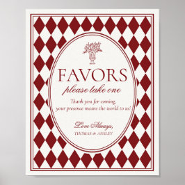 Rode Merlot Harlekijn Geruite Trouwgunst Bord Poster