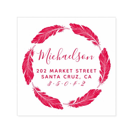 Rode met de hand getekende veer familienaam retour  zelfinktende stempel (Design)