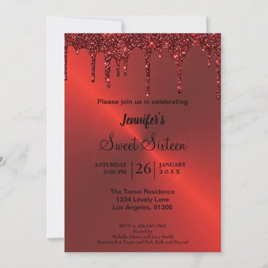 Rode metal glans Sweet Sixteen uitnodiging (Voorkant)