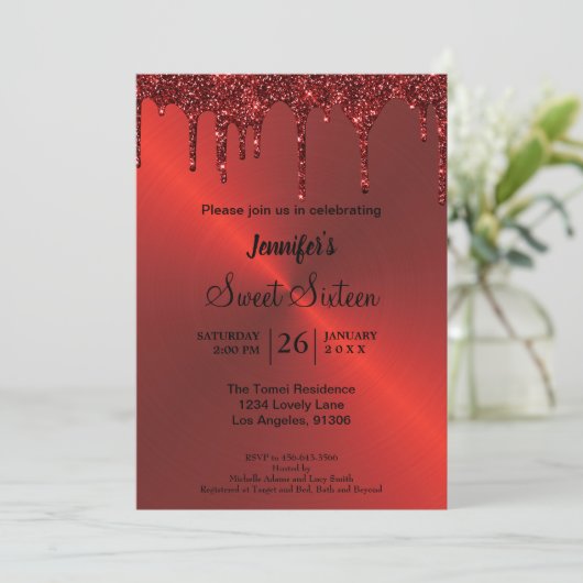 Rode metal glans Sweet Sixteen uitnodiging (Staand voorkant)
