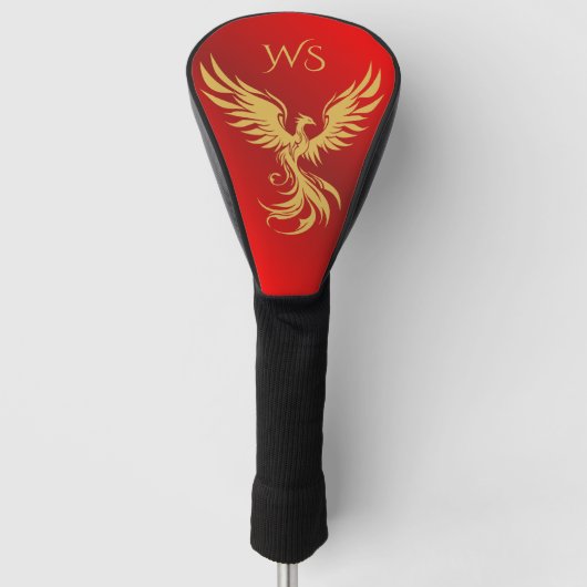 Rode Metallic Gouden Rijzende Phoenix Monogram Ini Golfheadcover (Voorkant)