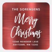 Rode Metallic Prettig Kerst Retouradres Vierkante Sticker (Voorkant)