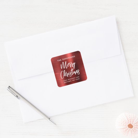 Rode Metallic Prettig Kerst Retouradres Vierkante Sticker (Envelop)
