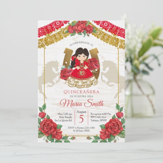 Rode Mexicaanse Charra Quinceañera Westerse Uitnod Kaart (Staand voorkant)