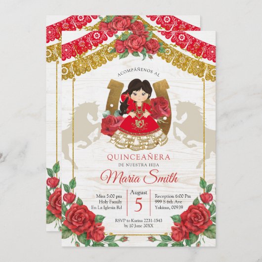 Rode Mexicaanse Charra Quinceañera Westerse Uitnod Kaart (Voorkant / Achterkant)