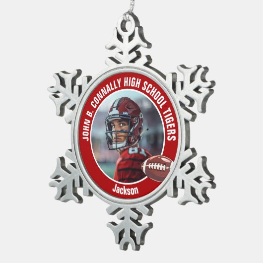 Rode Middelbare School Football Speler Foto Custom Tin Sneeuwvlok Ornament (Rechts)