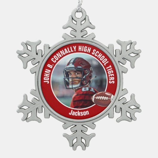 Rode Middelbare School Football Speler Foto Custom Tin Sneeuwvlok Ornament (Voorkant)